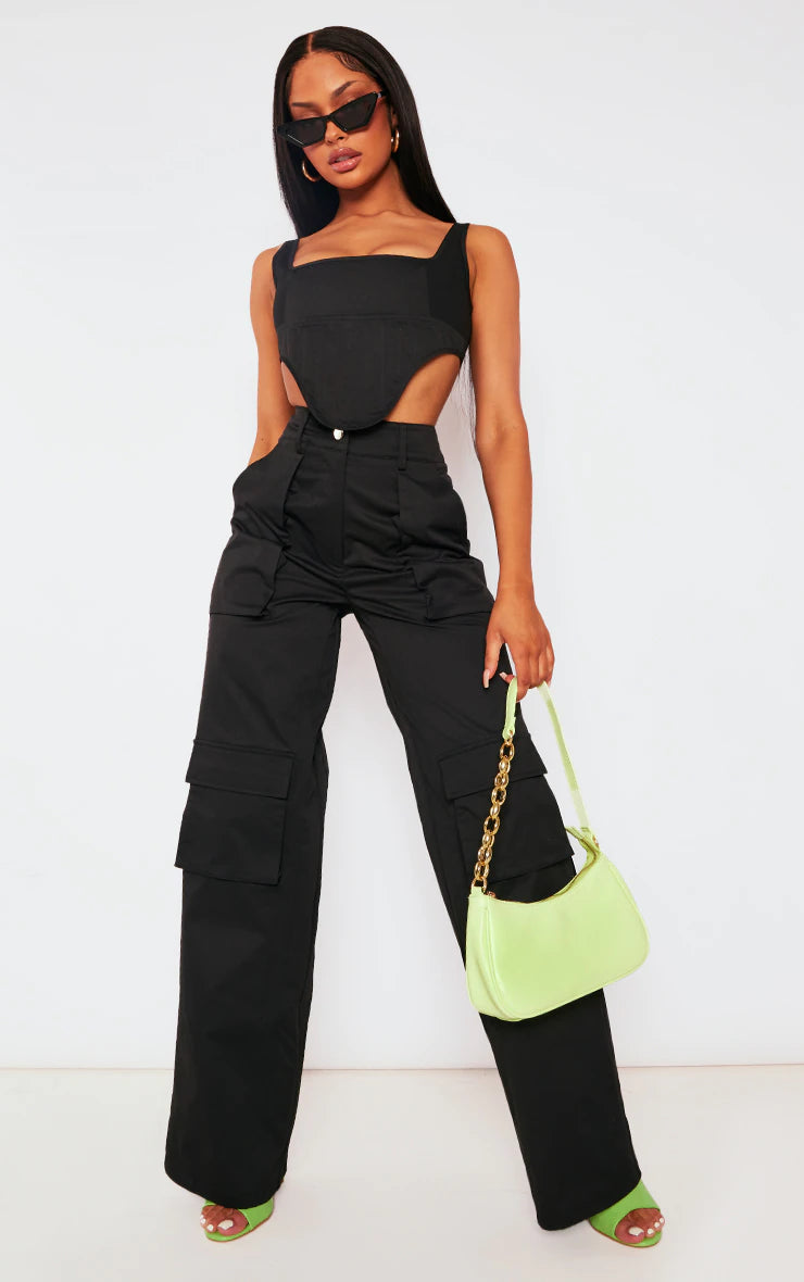 Black Twill Pocket Detail High Waist Cargo Trousers