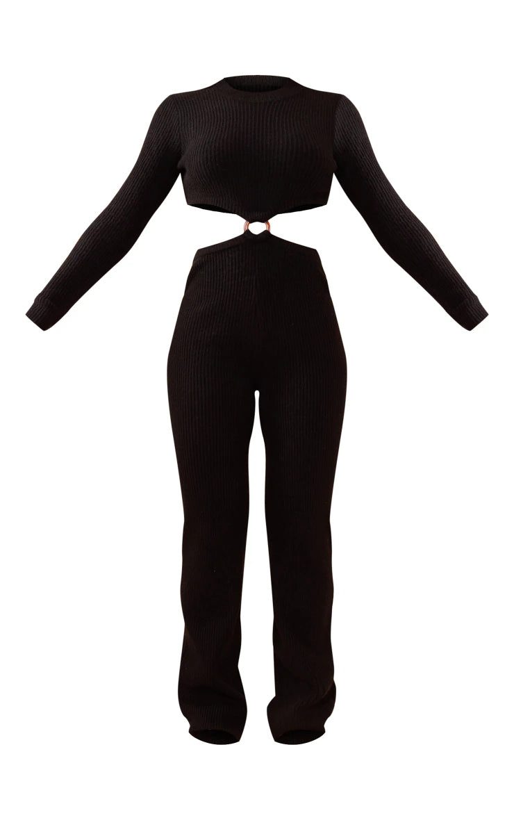 BLACK LONG SLEEVE CUT OUT RING KNITTED JUMPSUIT