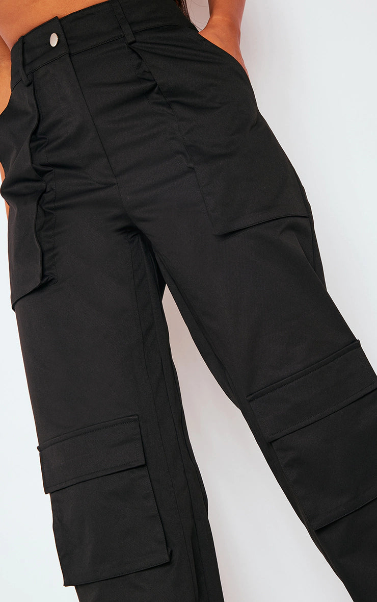 Black Twill Pocket Detail High Waist Cargo Trousers