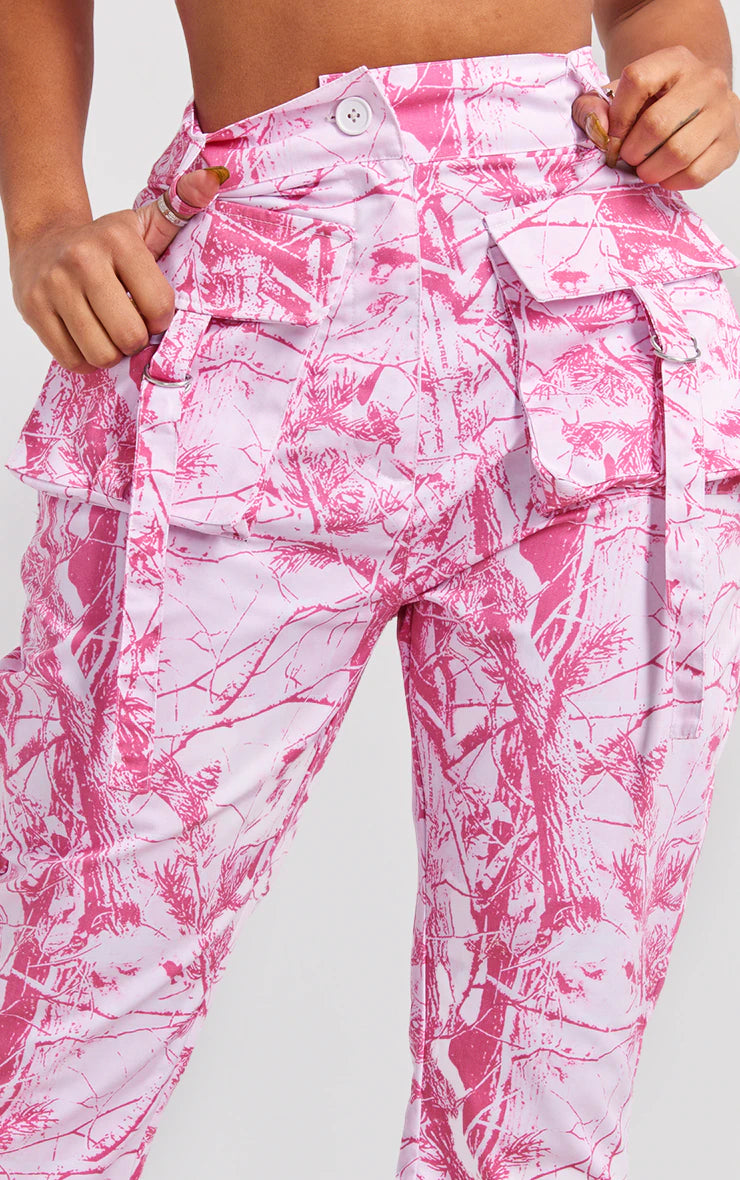 SHAPE BRIGHT PINK CAMO PRINTED BUCKLE DETAIL POCKET CARGO PANTS