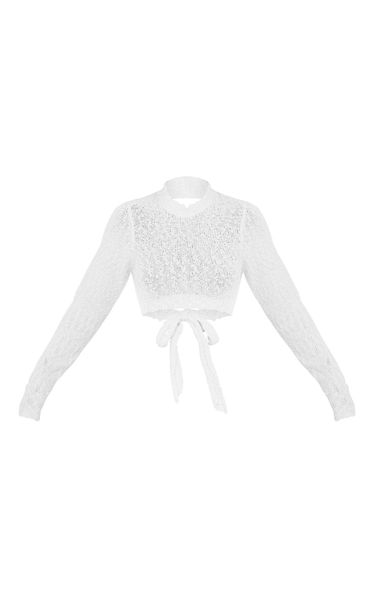 White Bobble Knit Open Tie Back Crop Sweater