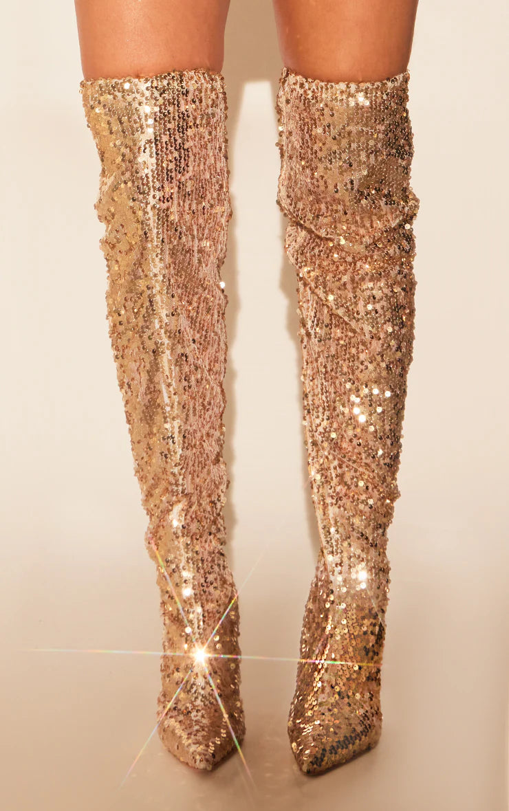 Gold Sequin Point Toe Over The Knee Heeled Boots