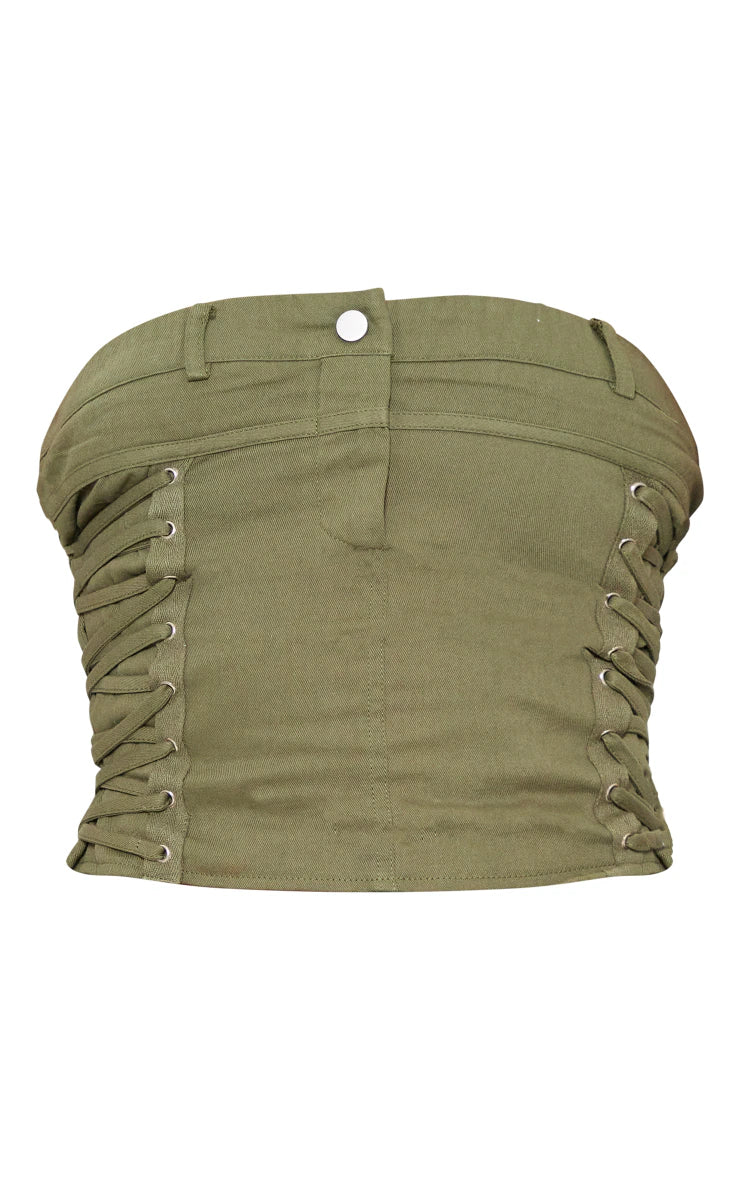 Khaki Woven Waistband Detail Lace Up Side Corset