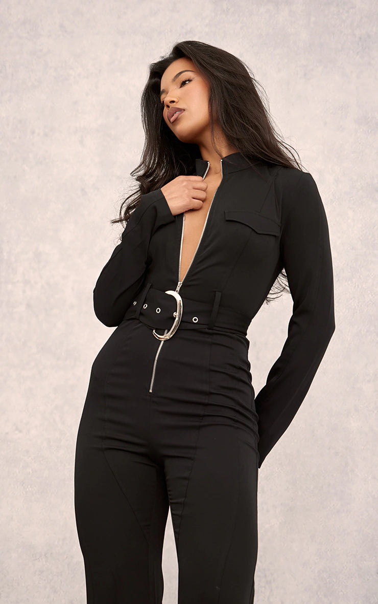 Black Zip Up Belted Tailored Cargo Jumpsuit