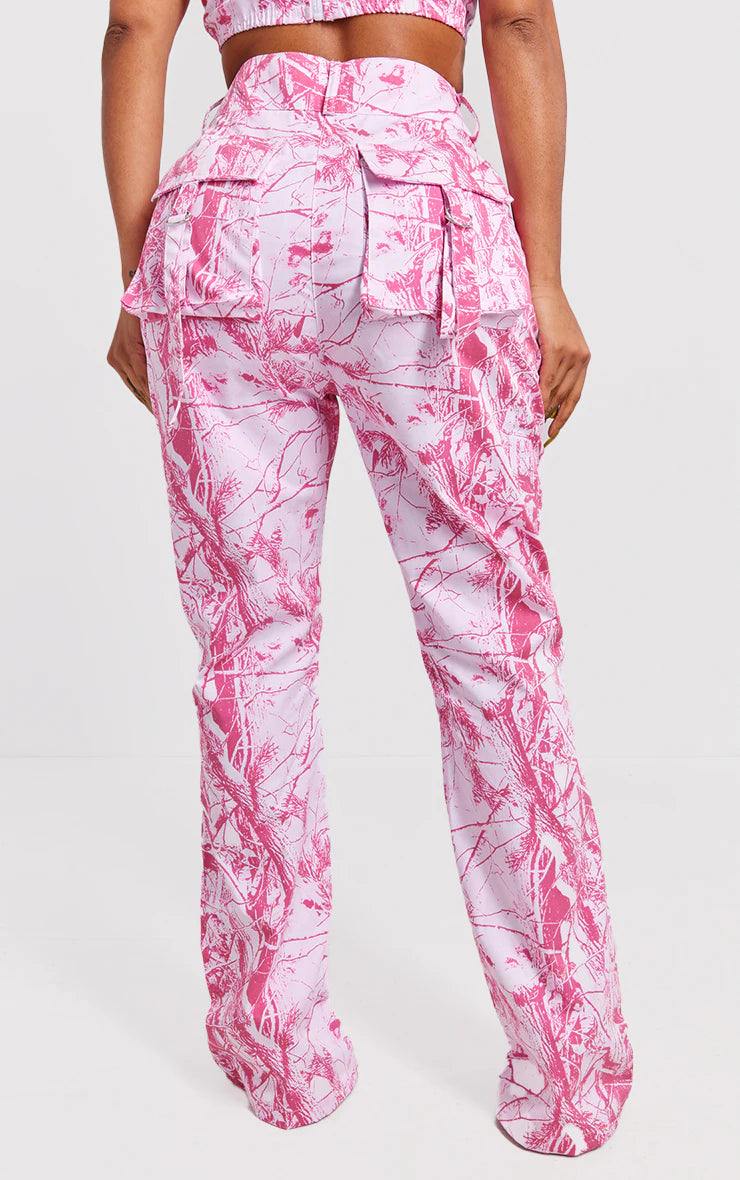 SHAPE BRIGHT PINK CAMO PRINTED BUCKLE DETAIL POCKET CARGO PANTS