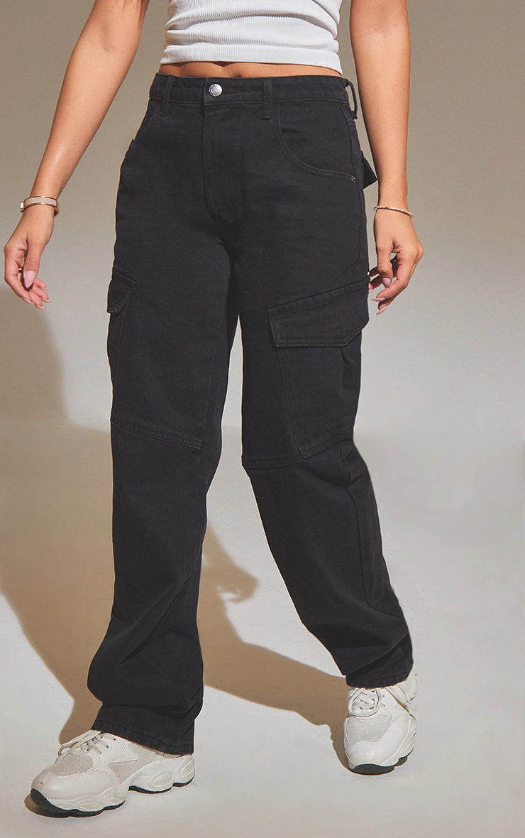 WASHED BLACK SLIM FIT CARGO POCKET BOYFRIEND JEANS