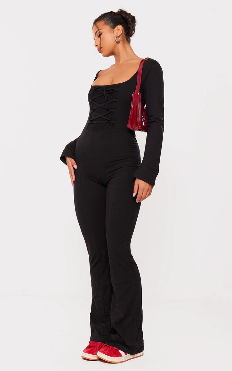 BLACK COTTON DETAIL FLARE LEG JUMPSUIT