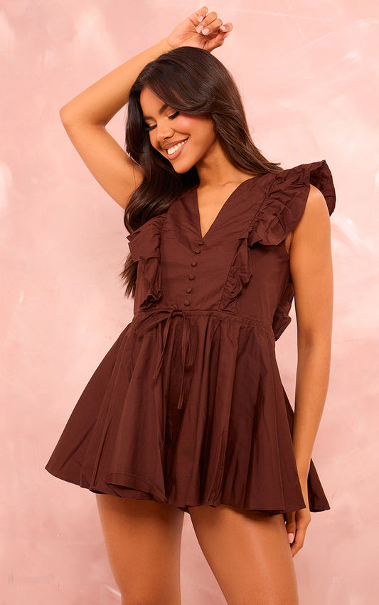 Chocolate Poplin Button Detail Flare Short Playsuit