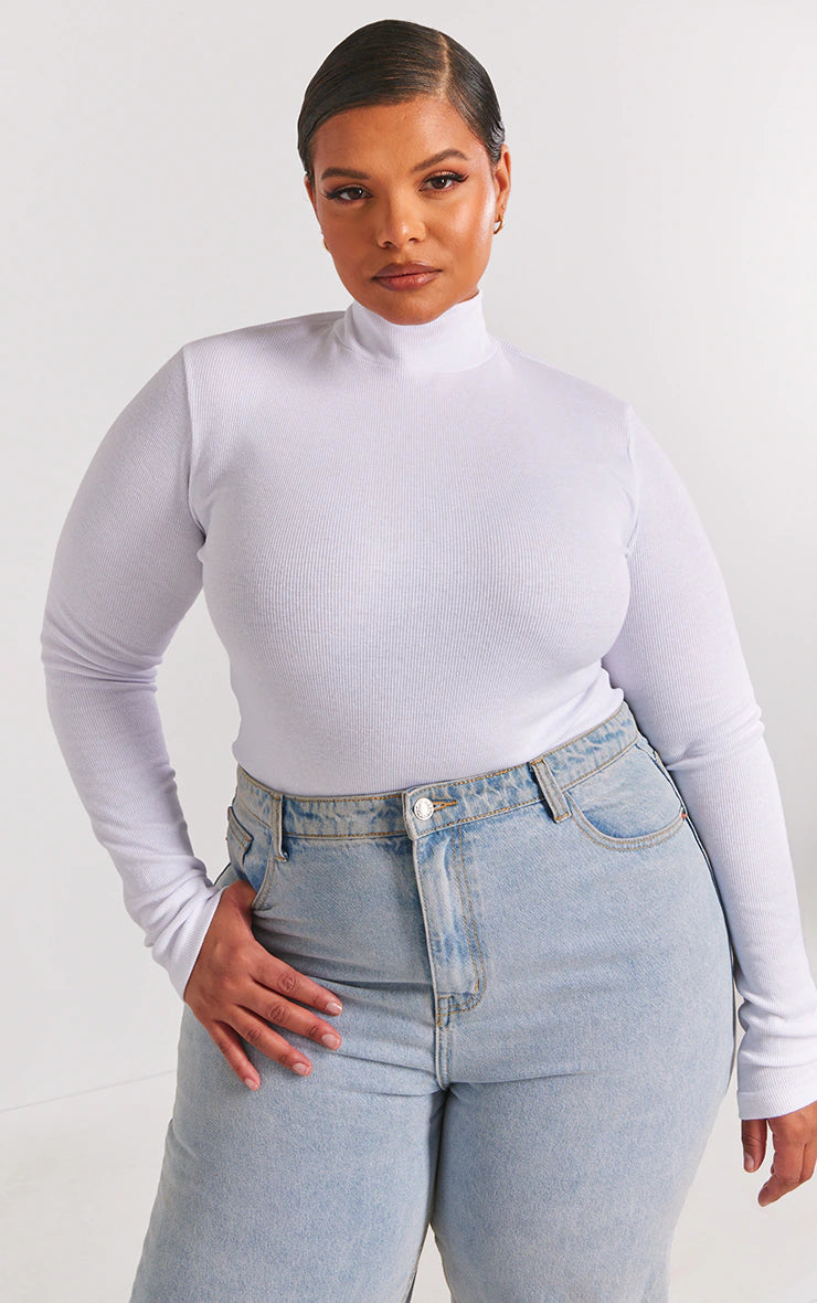 Plus White Basic Rib Long Sleeve High Neck Bodysuit