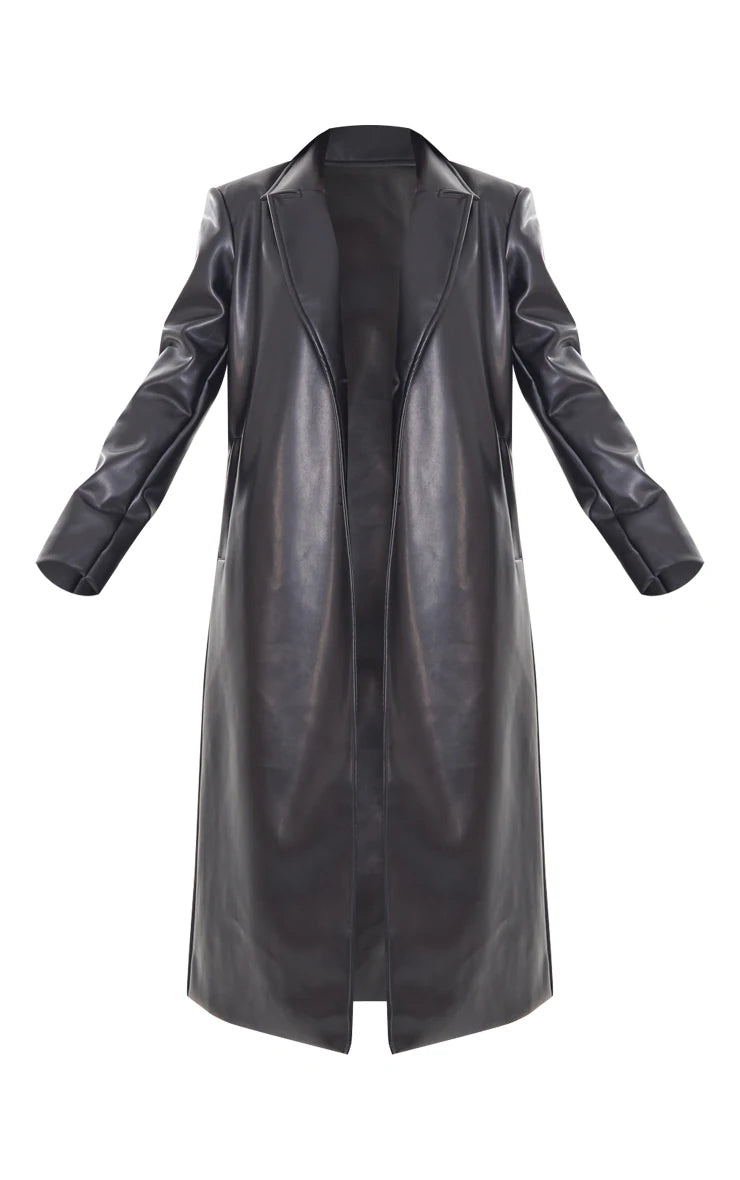 Black Shoulder Padded Faux Leather Longline Coat