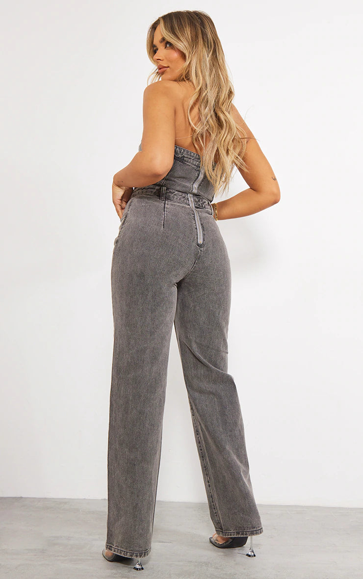 Washed Charcoal Bandeau Denim Jumpsuit