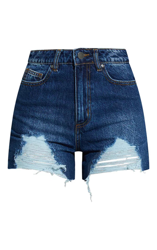 Mid Blue Wash Distressed Mom Shorts