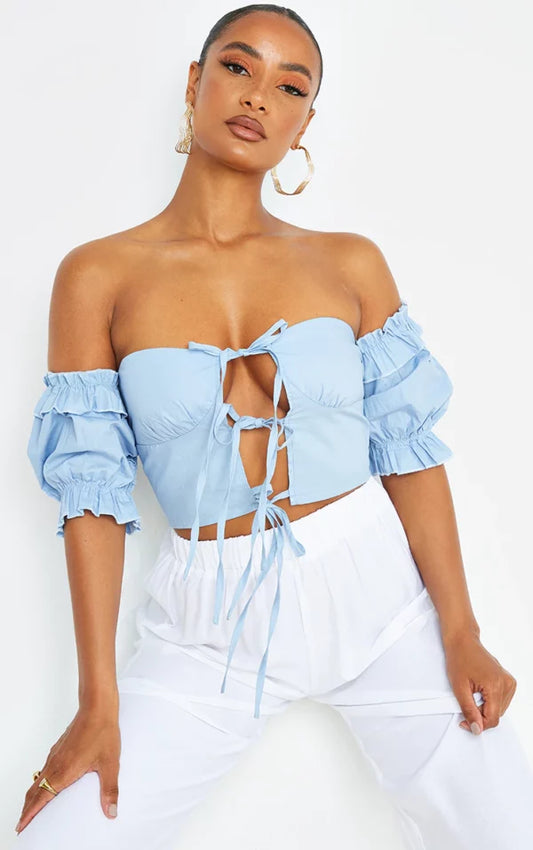 Blue Cotton Lace Up Bardot Short Sleeve Crop Top