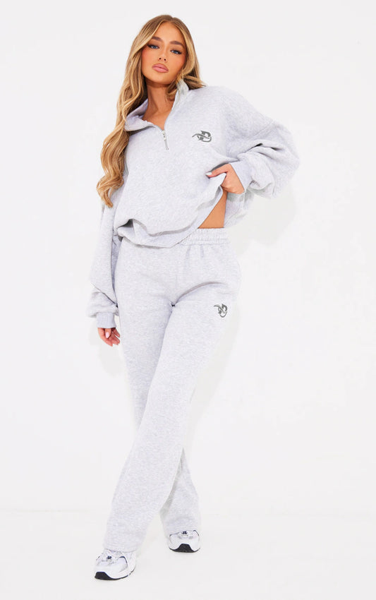 Ash Grey Logo Embroidered Wide Leg Sweatpants & and Sweatshirt SET