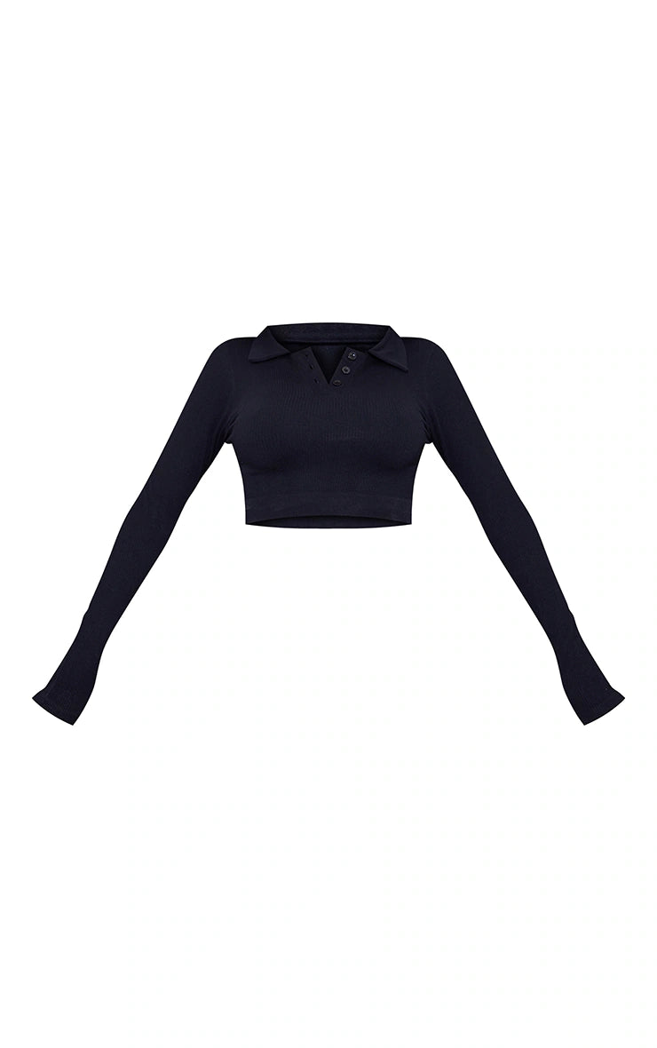 Black Contour Rib Button Collar Long Sleeve Crop Top