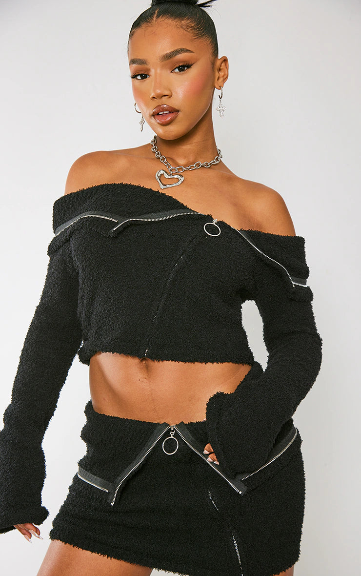 BLACK FLUFFY KNIT FOLD OVER ZIPPED CROP JACKET