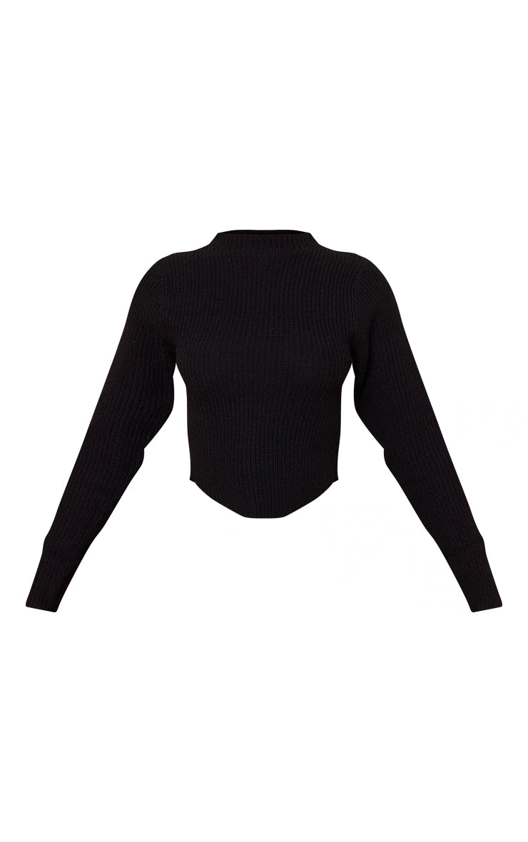 Petite Black High Neck Curve Hem Long Sleeve Sweater