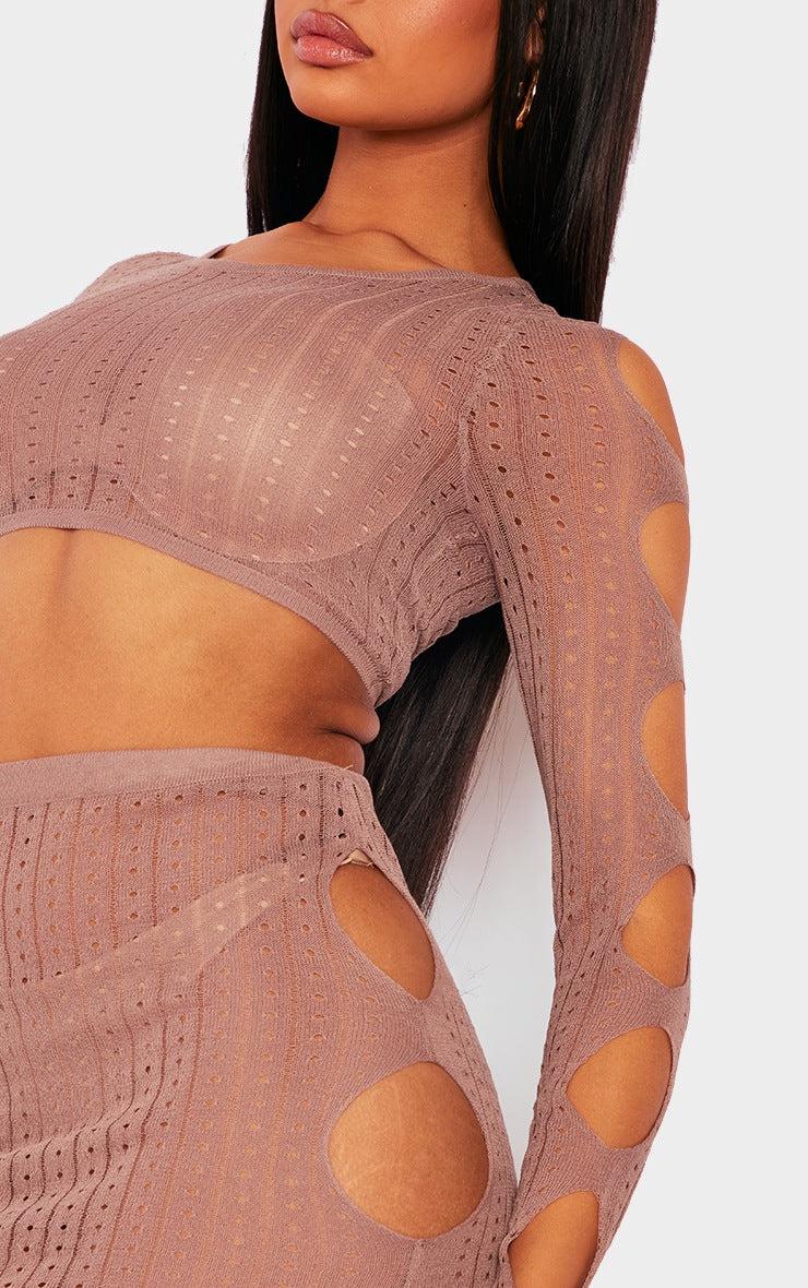 Mocha Sheer Knit Hole Detail Crop Top