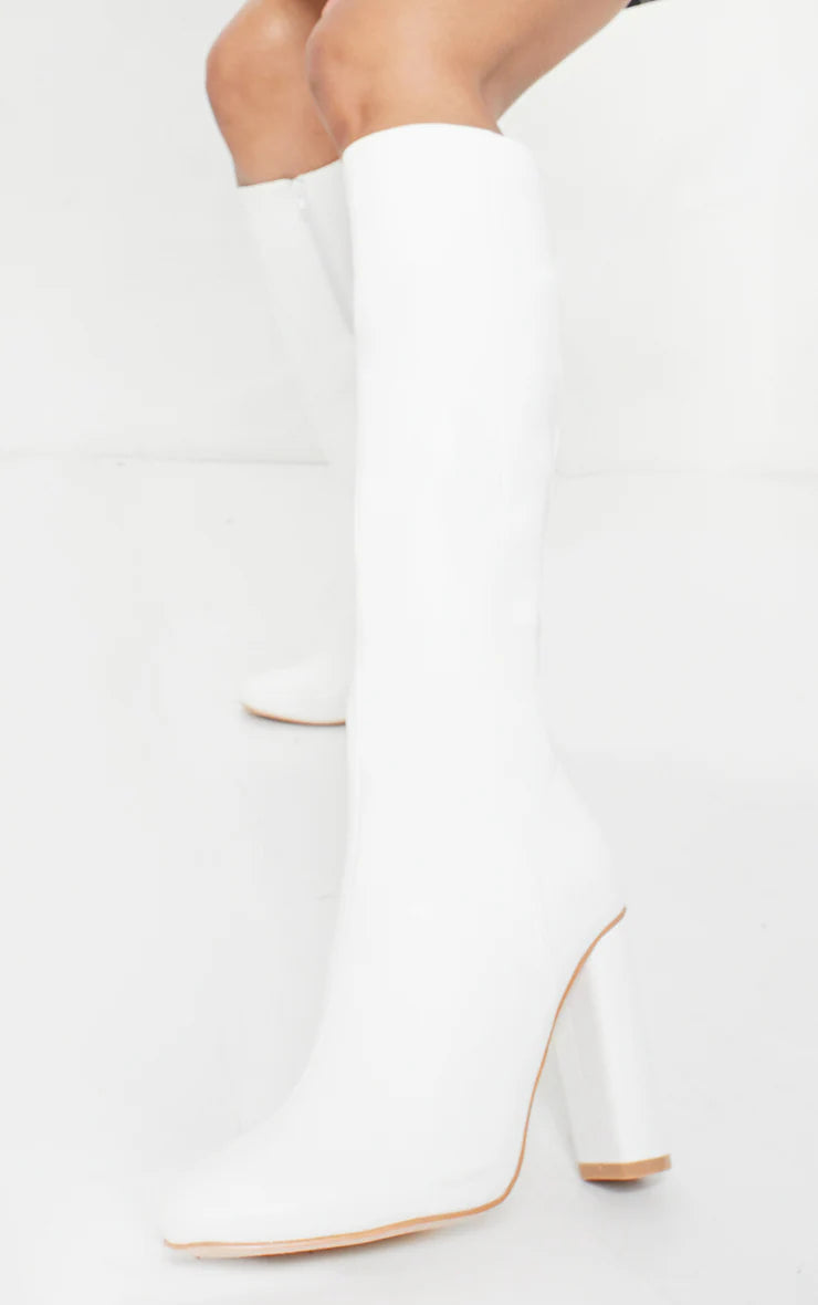 White Round Block Heel Knee High Boots