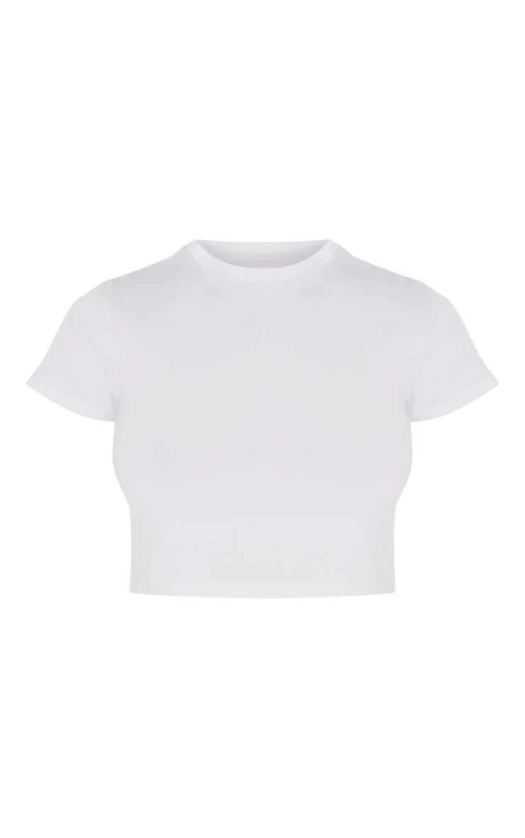 Basic White Cotton Blend Short Sleeve Crop Top