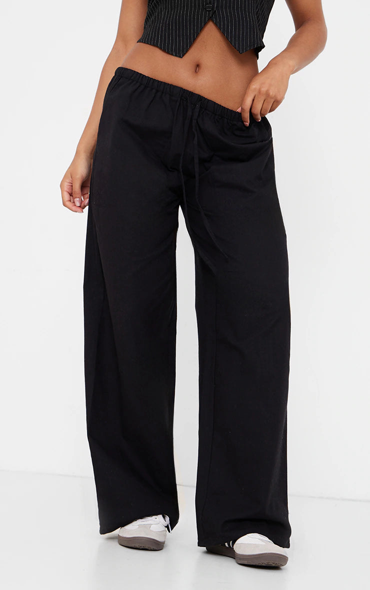 Black Linen Feel Drawstring Waist Trousers