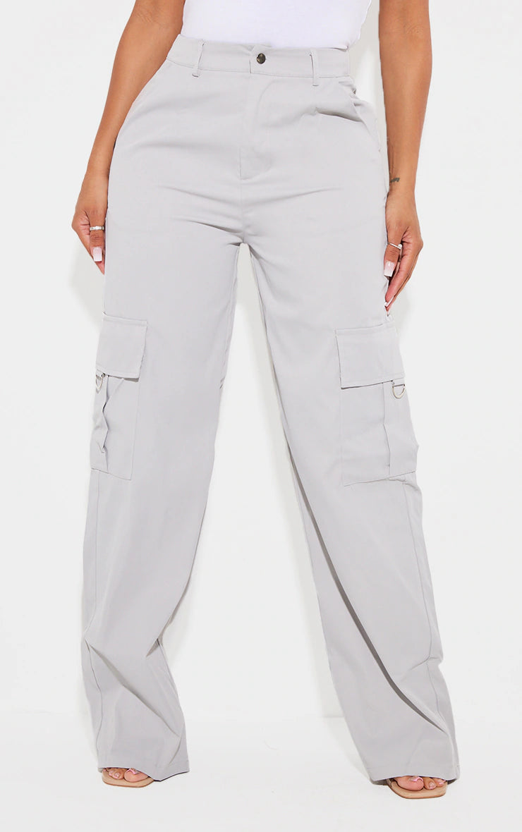 SHAPE LIGHT GREY BUCKLE DETAIL CARGO WIDE LEG PANTS