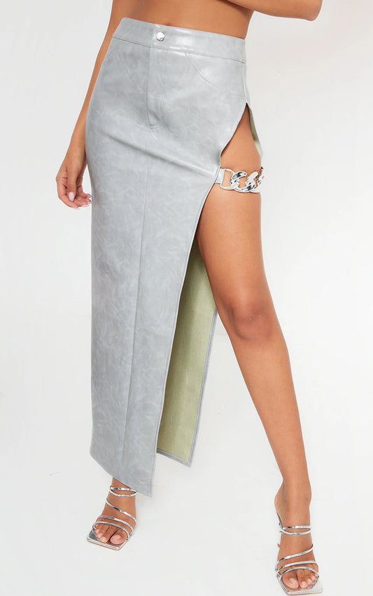 GREY WASHED FAUX LEATHER CHAIN DETAIL EXTREME SPLIT MIDAXI SKIRT