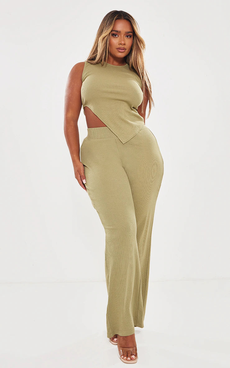 SHAPE KHAKI RIB HIGH WAISTED FLARE PANTS