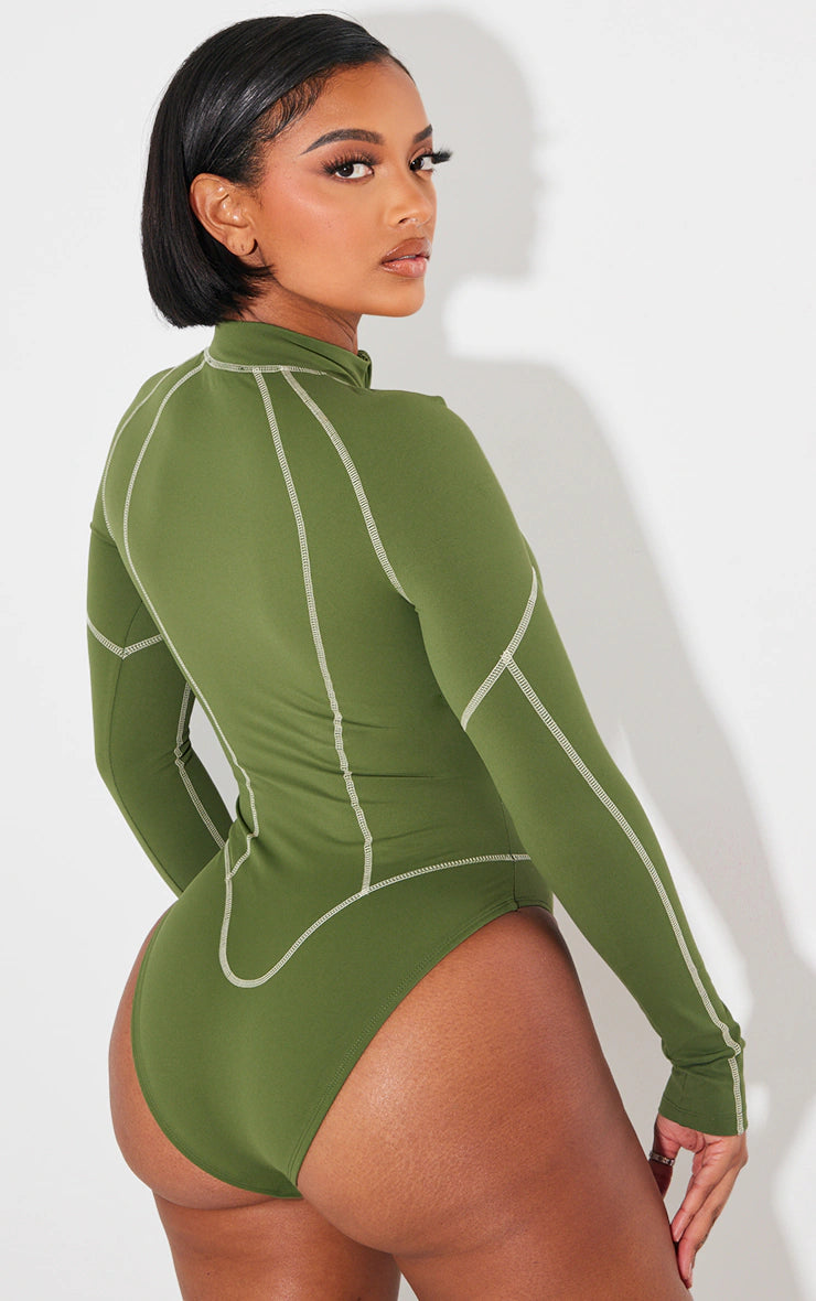 Shape Khaki Sculpted Contrast Stitch Long Sleeve Bodysuit