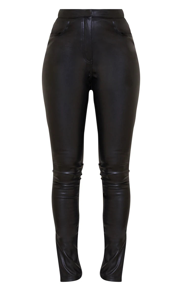 Black Faux Leather Split Hem Straight Leg Pants