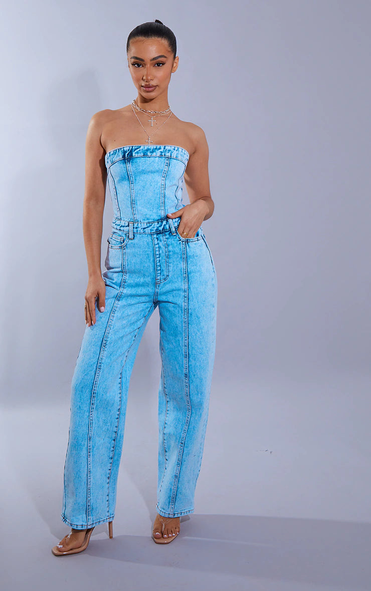 PETITE ACID BLUE WASH BANDEAU DENIM JUMPSUIT