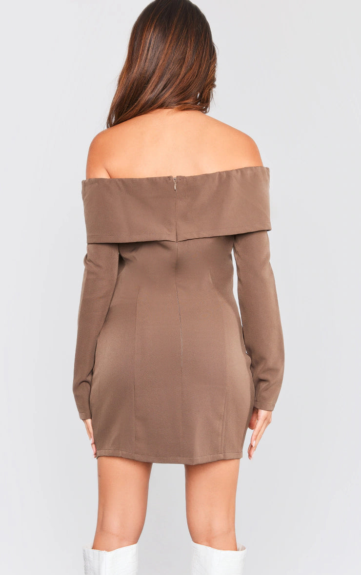 Chocolate Off Shoulder Button Front Shift Blazer Dress