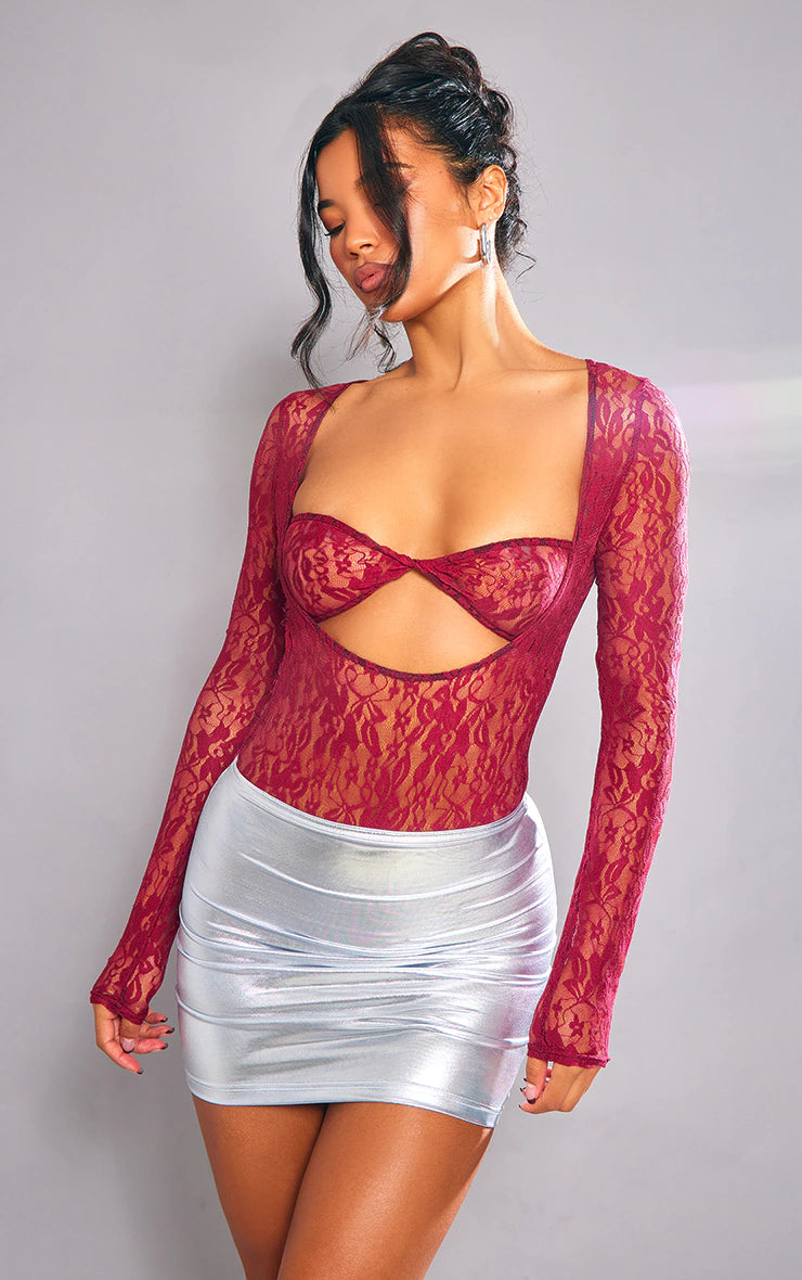 Cherry Red Lace Bandeau Detail Long Sleeve Bodysuit