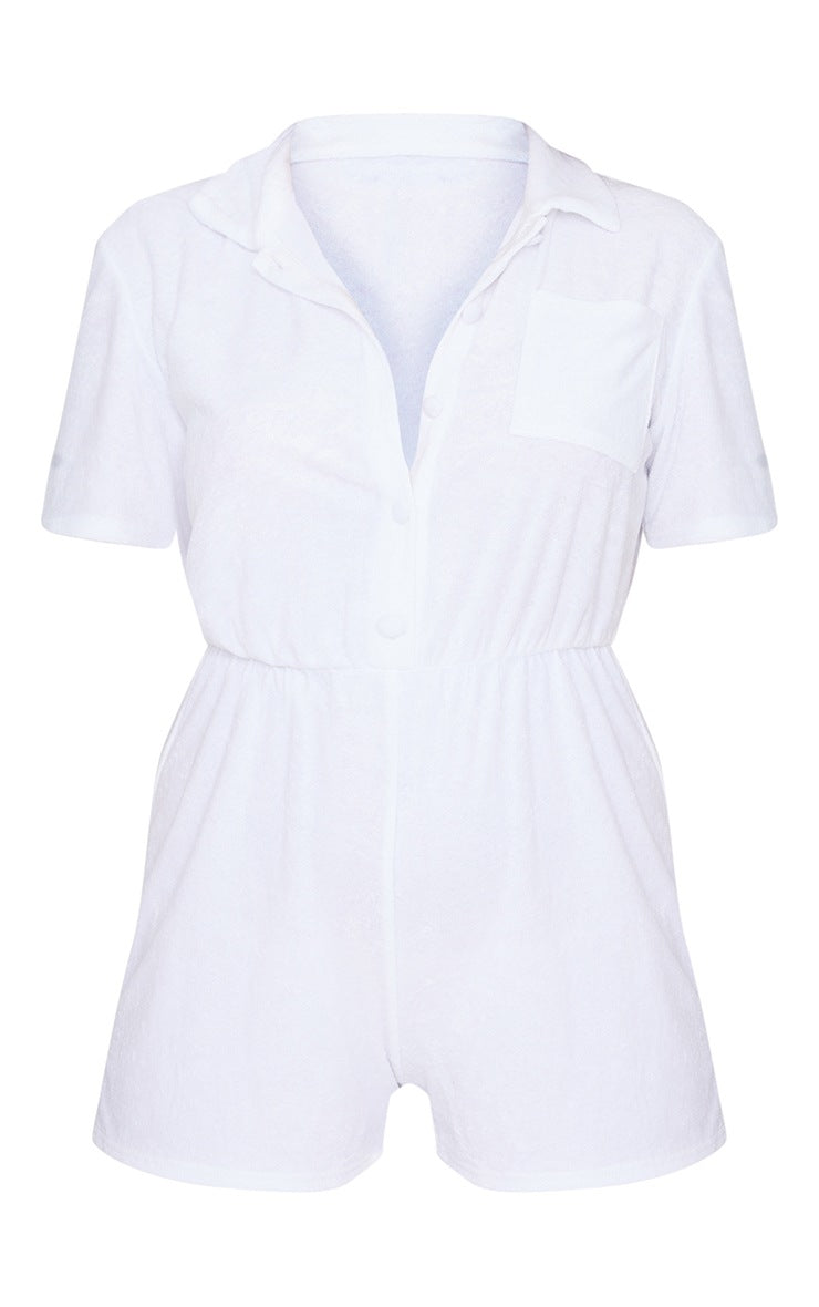 White Towelling Short Sleeve Shirt Romper