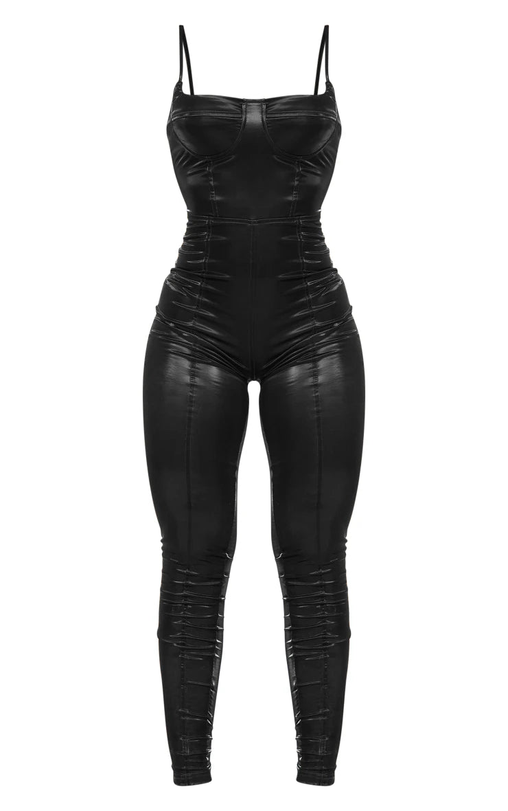 Black Matte Vinyl Underwired Strappy Jumpsuit