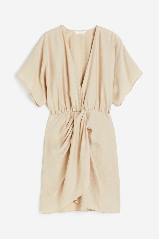 Linen Mix V Neck Dress Beige