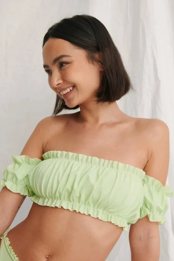 Off Shoulder Recycled Ruffled Bikini Top Green