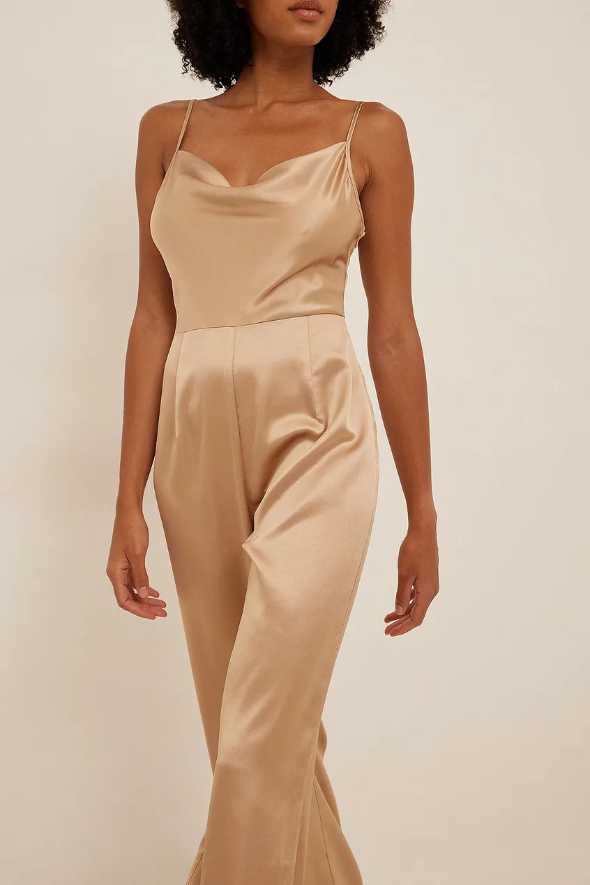 Waterfall Neckline Jumpsuit Beige