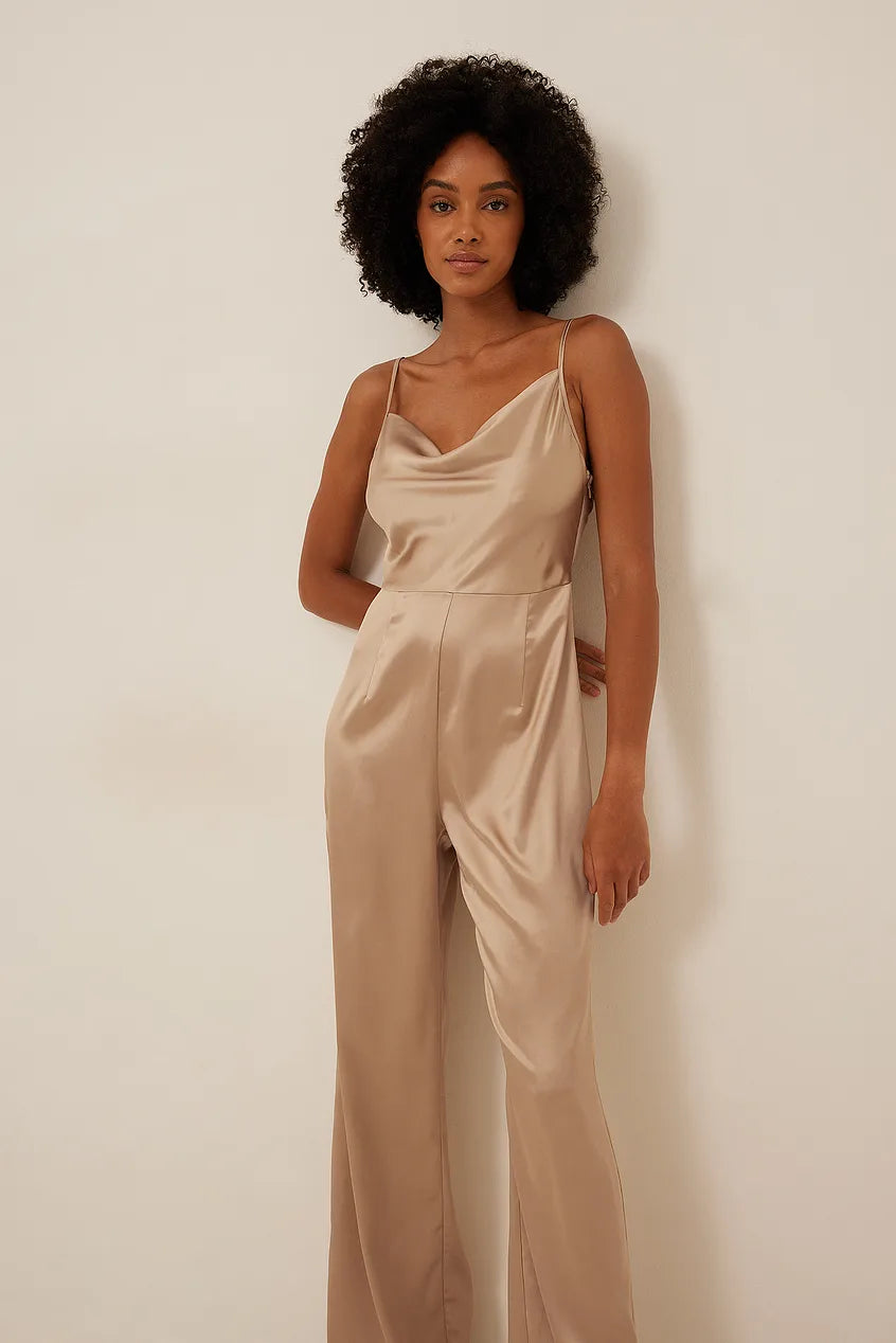 Waterfall Neckline Jumpsuit Beige