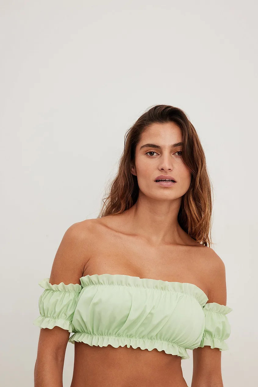 Off Shoulder Recycled Ruffled Bikini Top Green