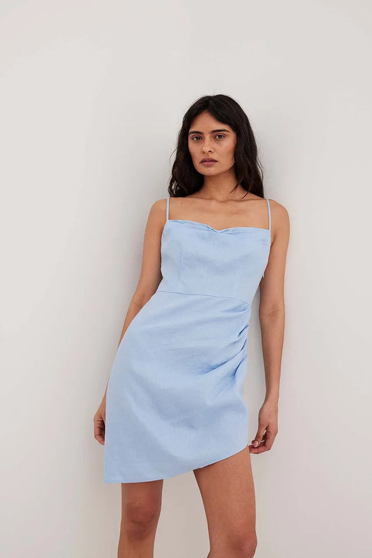 Overlap Waterfall Linen Dress Blue