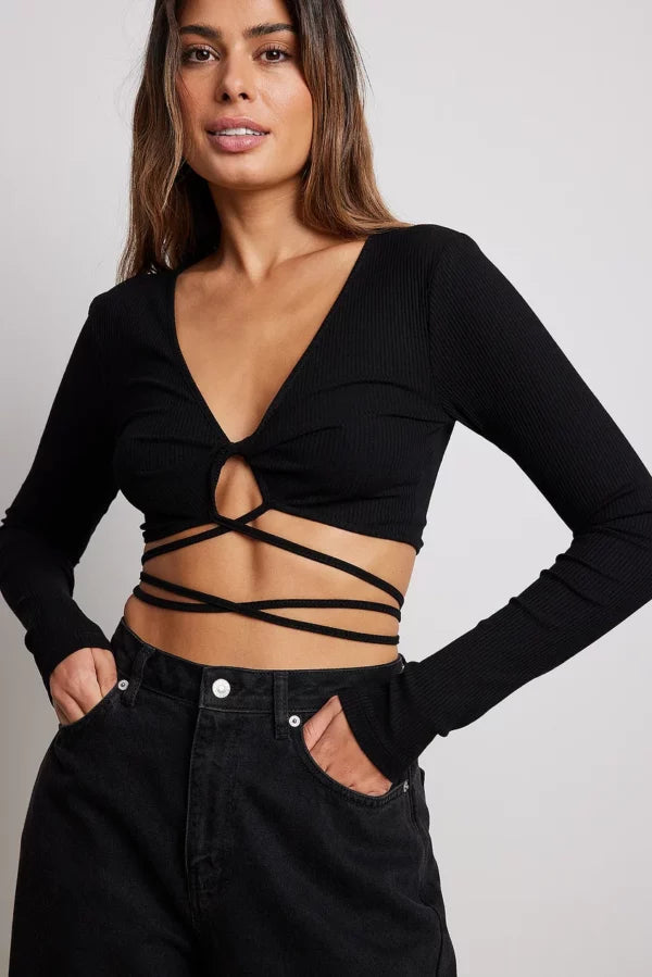 Twisted Strap Rib Detail Top Black