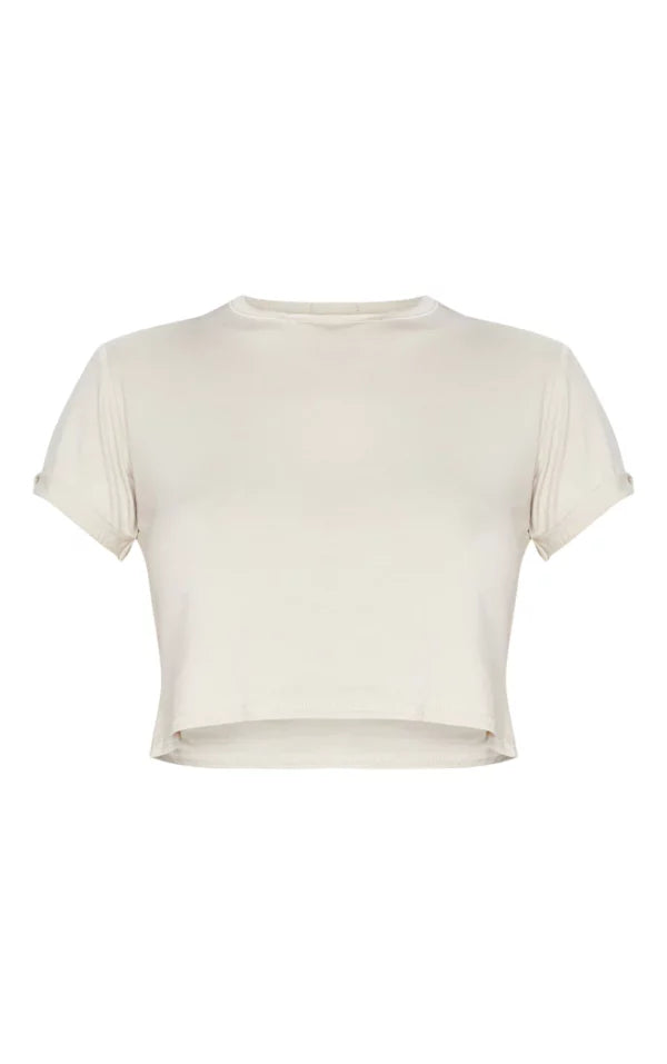 Basic Stone Roll Sleeve Crop T Shirt