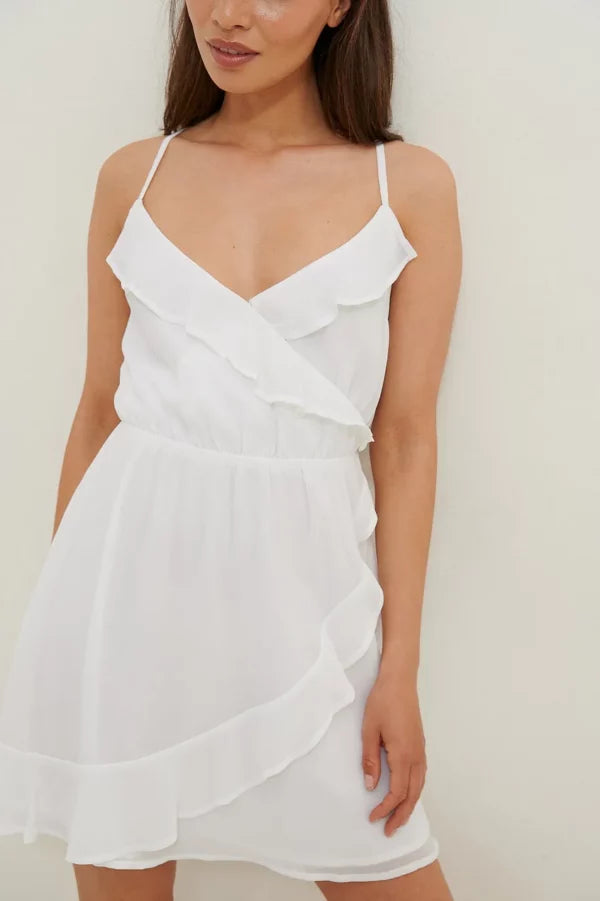 Flowy Cross Back Frill Dress White